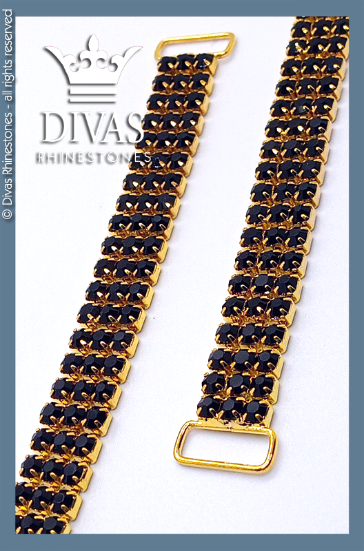 3 Row Gold Strap Connector with Black Rhinestones in alloy casing - 12cm / 2 pieces