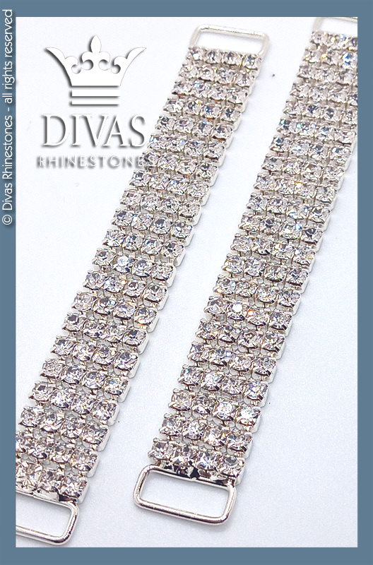 Silver 4 Row Glass Crystal Strap Connectors in alloy casing - 12cm / 2 pieces