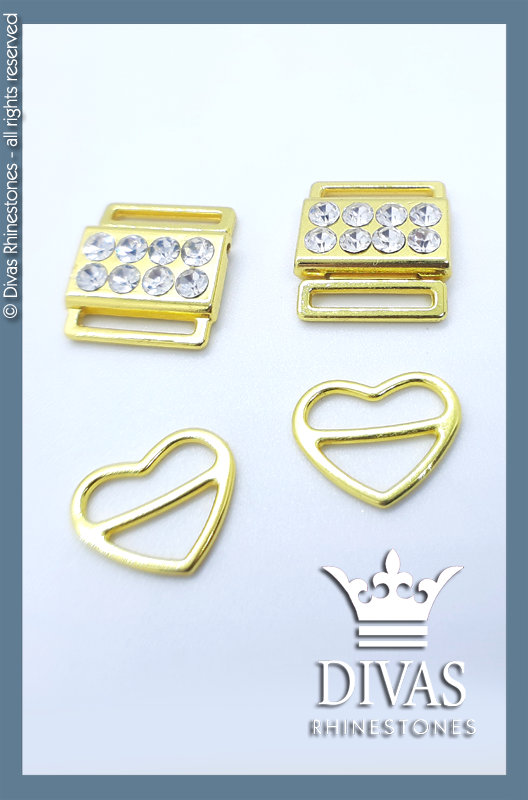 4 Piece Set - 2 Gold Rhinestone Barrel Clasp Closures with 2 Heart Shaped Sliders