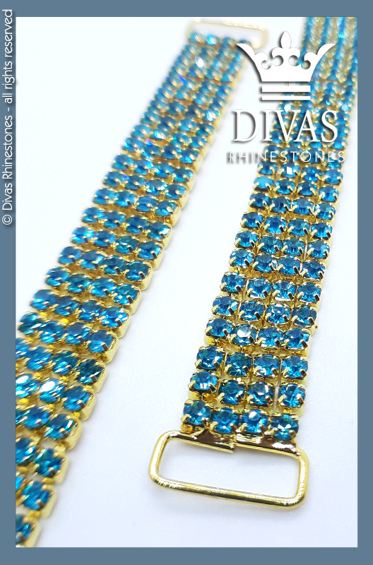 Slim 4 Row Gold Strap Connector with Turquoise Rhinestones - 12cm / 2 pieces