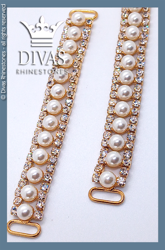 Gold Alloy with Ivory Pearls & Crystal Strap Connectors in alloy casing - 12cm / 2 pieces