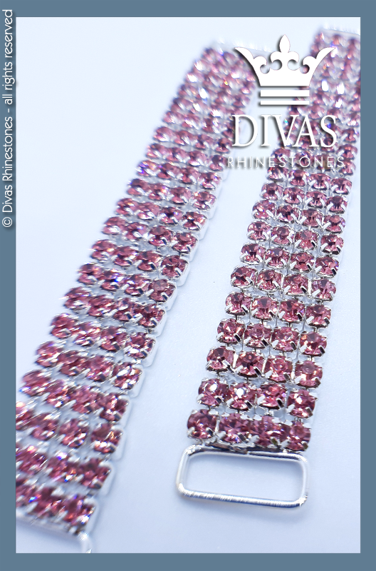 4 Row Pink Strap Connector with Crystal Rhinestones in alloy casing - 12cm / 2 pieces