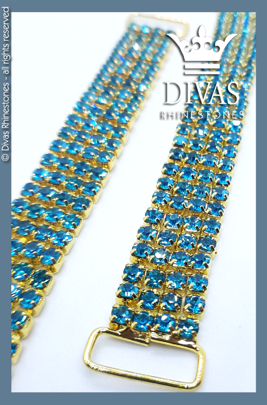 Slim 4 Row Gold Bottom Connector with Turquoise Rhinestones - 16cm / 2 pieces