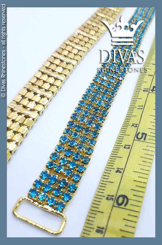 Slim 4 Row Gold Bottom Connector with Turquoise Rhinestones - 16cm / 2 pieces