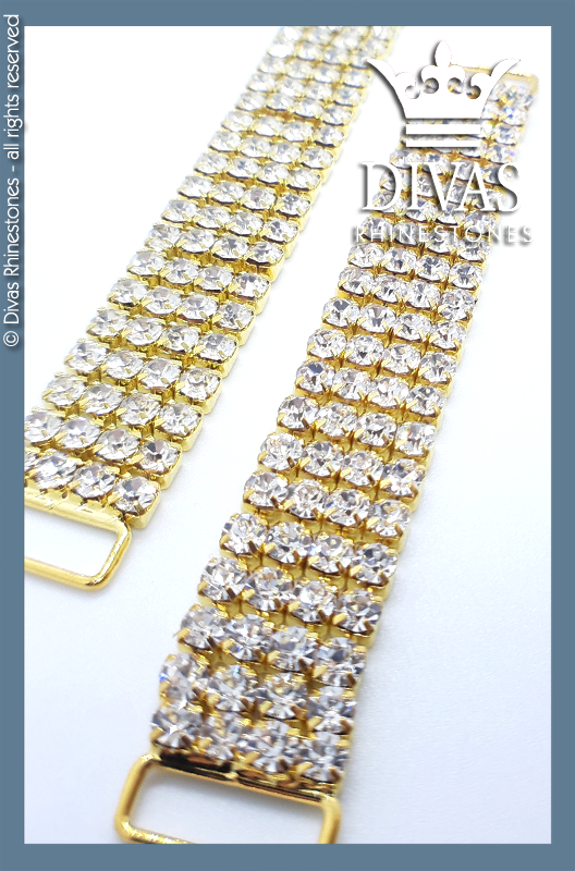 4 Row Gold Strap Connector with Crystal Rhinestones in alloy casing - 12cm / 2 pieces