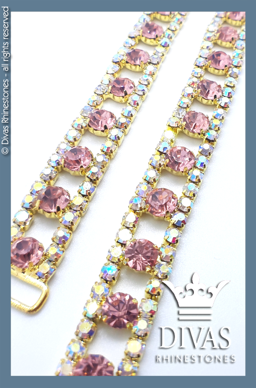 Gold Czech Pink & Crystal AB Strap Connectors in alloy casing - 12cm / 2 pieces