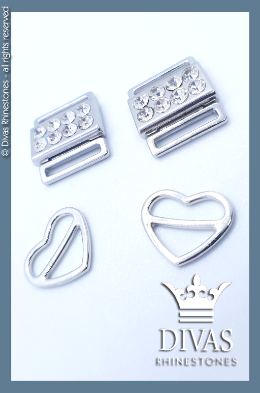4 Piece Set - 2 Alloy Rhinestone Barrel Clasp Closures with 2 Heart Shaped Sliders